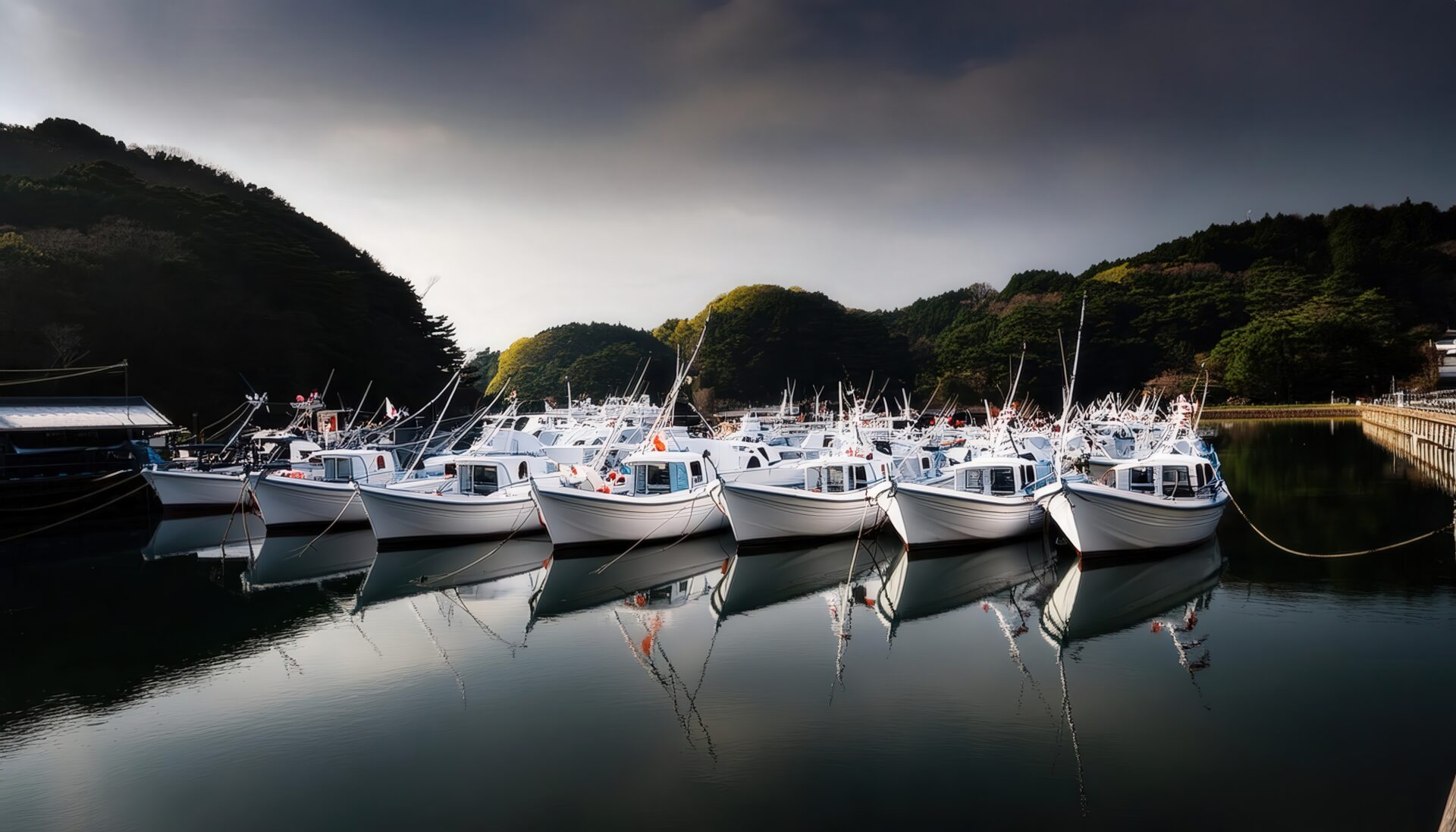 漁船が並ぶ静かな港
