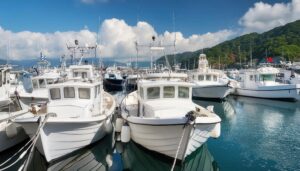 青空と漁港の漁船たち