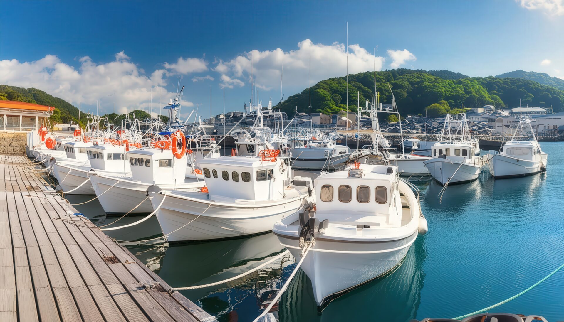 木製桟橋と白い漁船