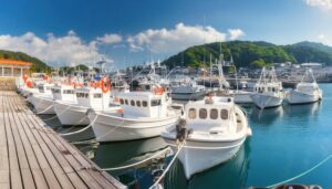 木製桟橋と白い漁船