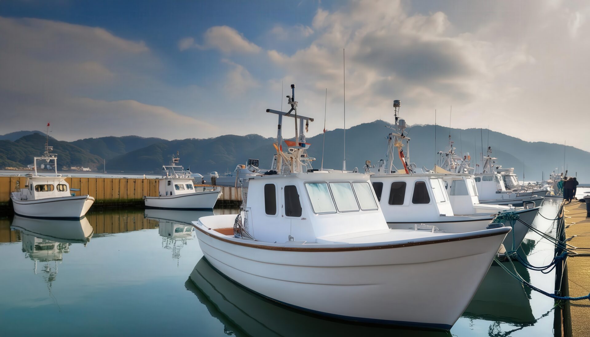 穏やかな港に停泊する漁船