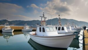 穏やかな港に停泊する漁船