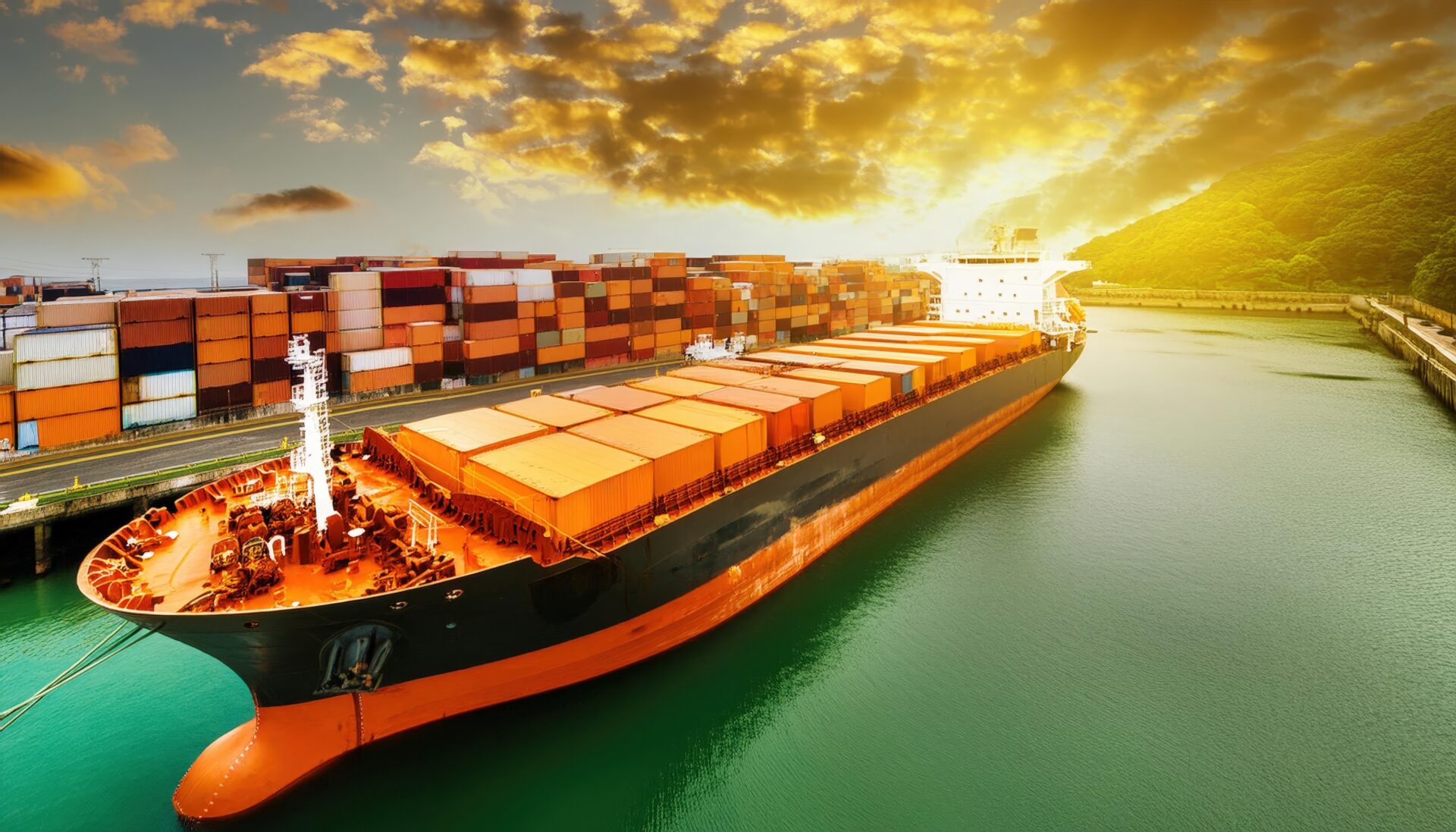 夕暮れのコンテナ船と港湾風景