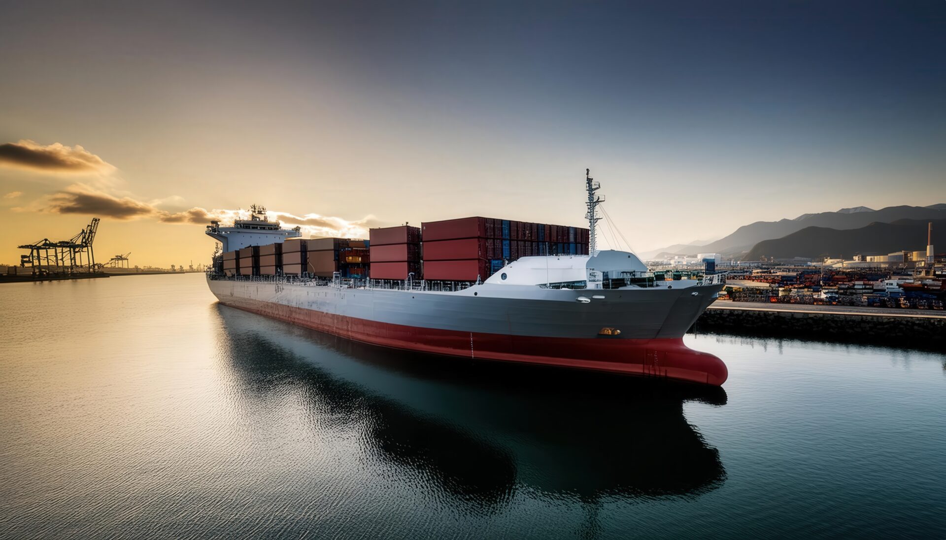 工業地帯を進むコンテナ船