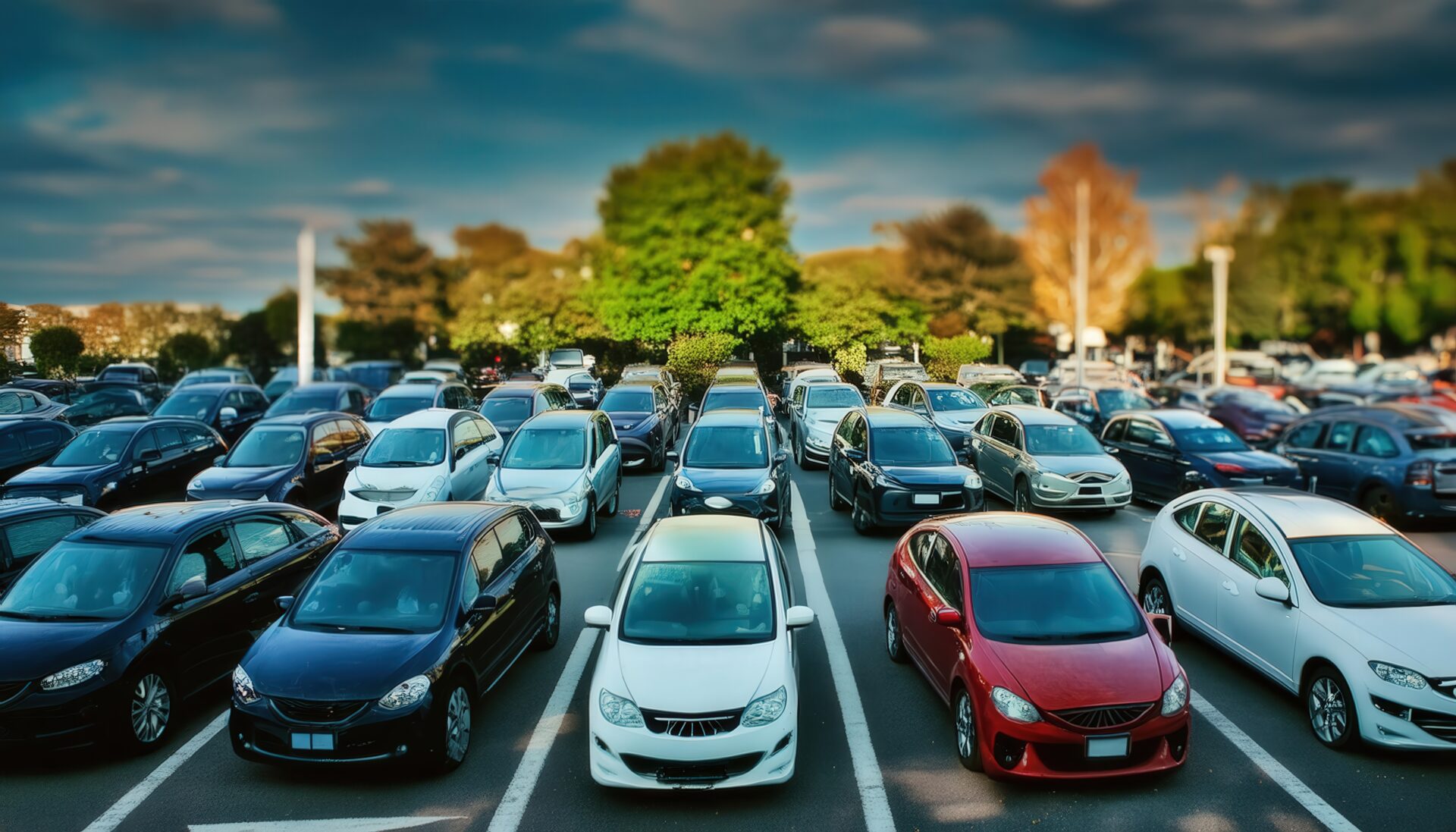 駐車場に並ぶ多くの乗用車