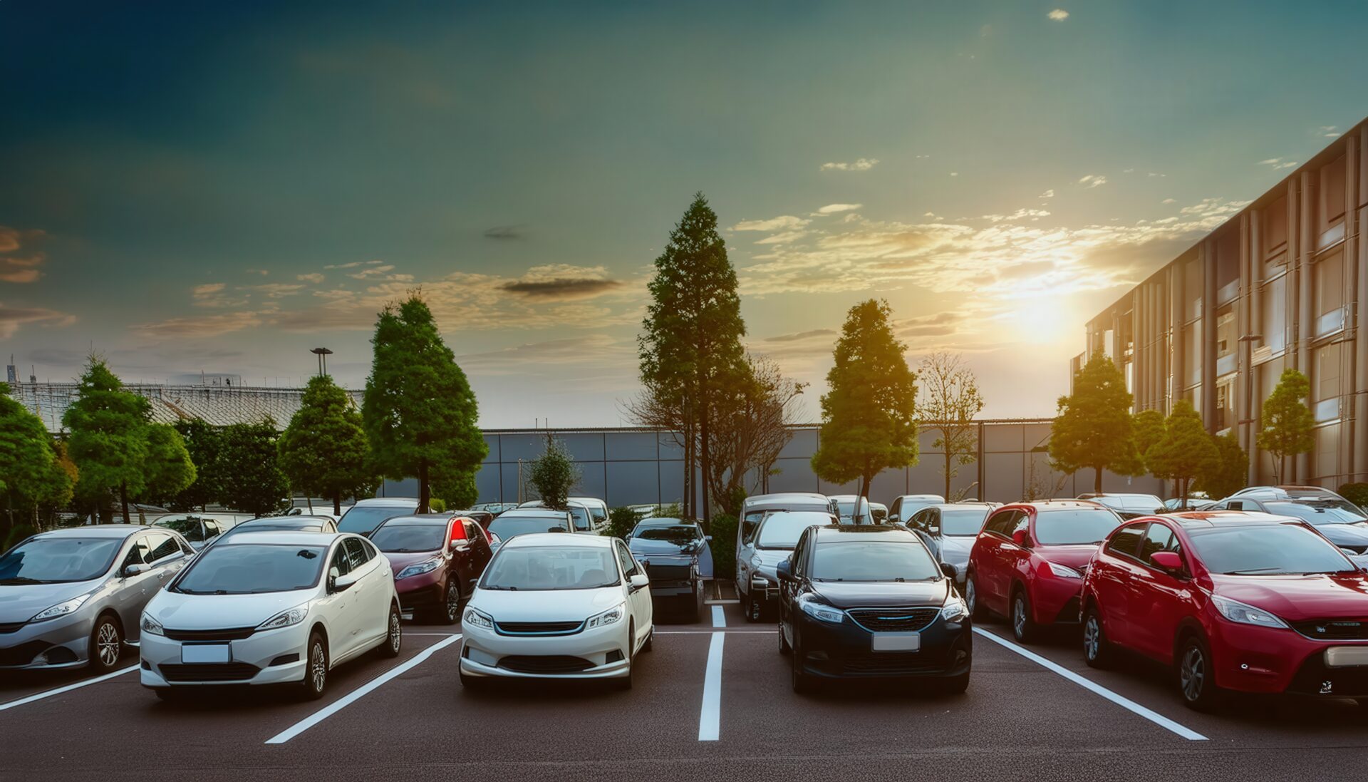 夕暮れ時の駐車場と車