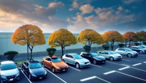 秋の街路樹と駐車場の車列