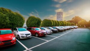 公園近くの駐車場と乗用車