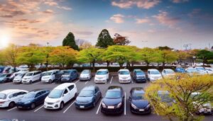 緑の並木と並ぶ駐車中の車