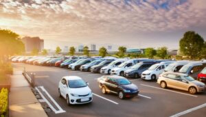 郊外の駐車場と乗用車群