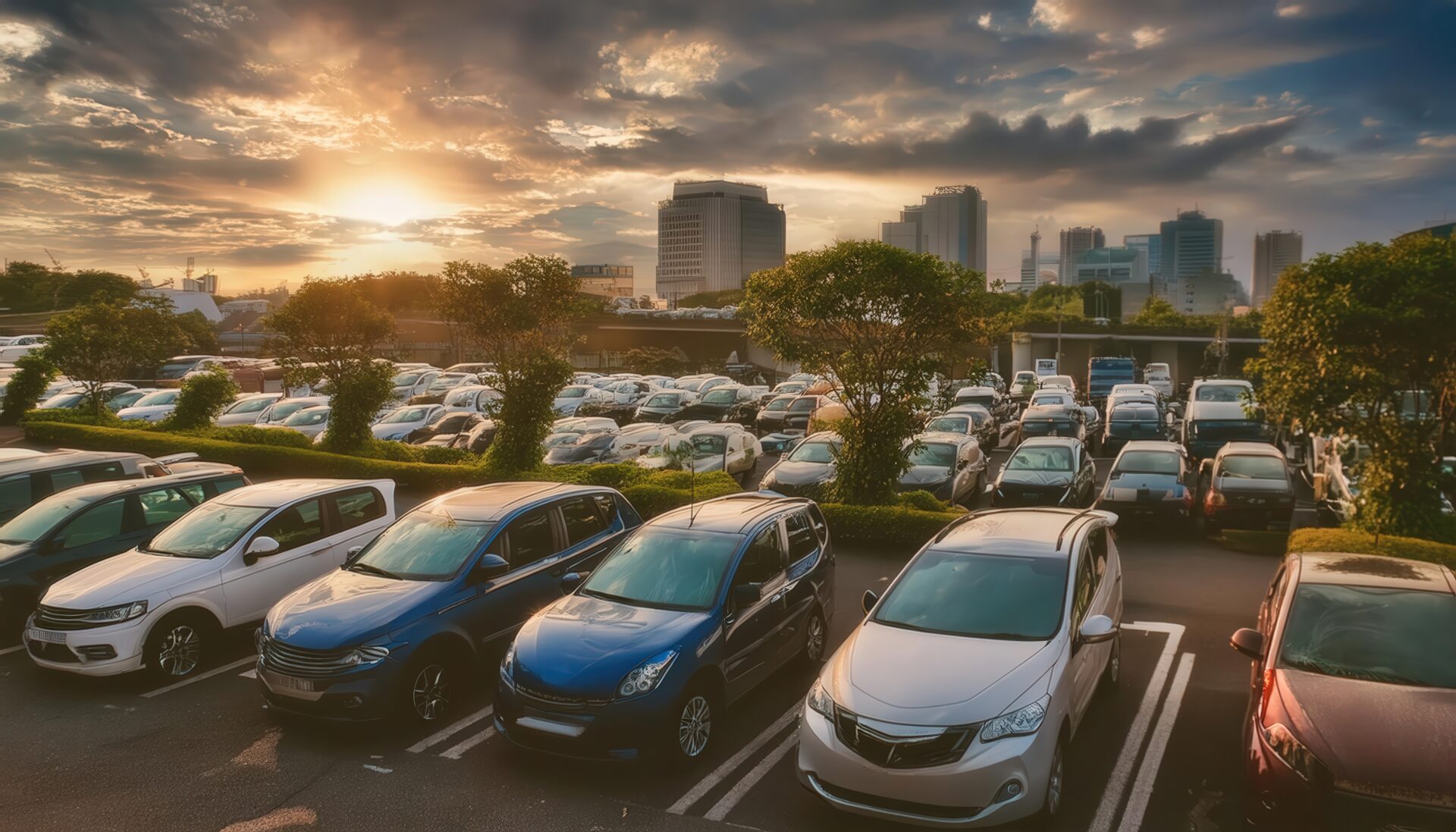 都市の夕暮れと満車の駐車場