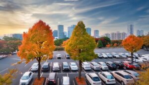 秋の木々と高層ビルに囲まれた駐車場