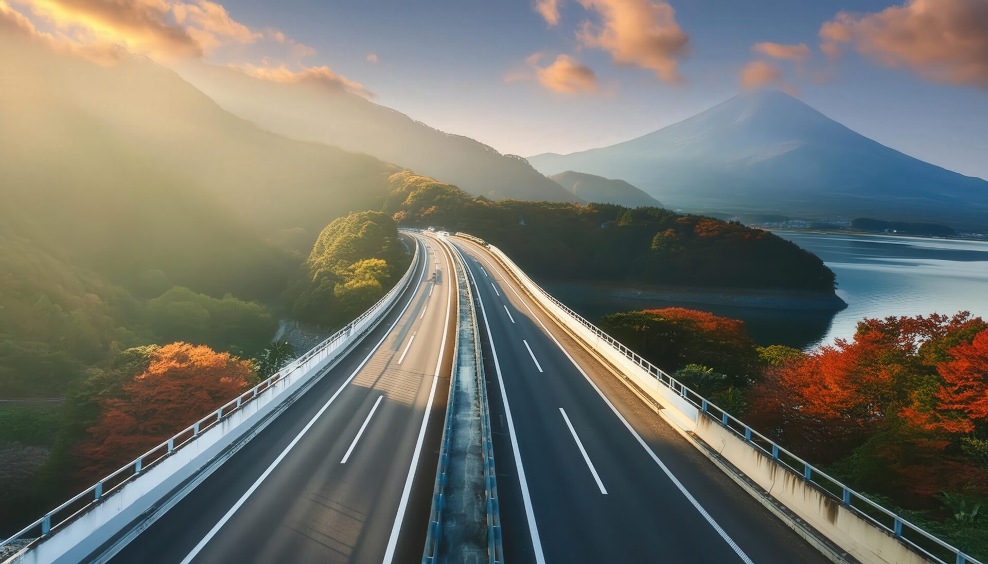 富士山と湖を望む高速道路