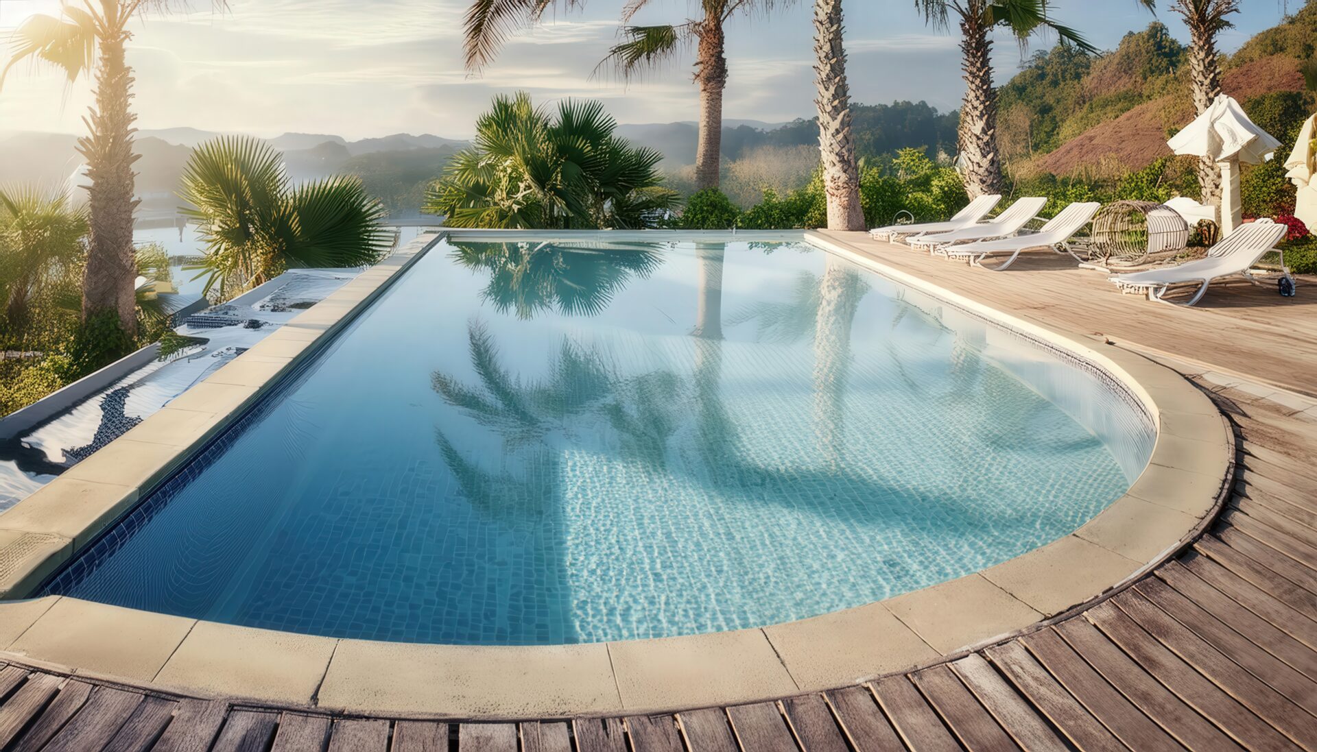 椰子の木とインフィニティプールがある高級リゾート風景