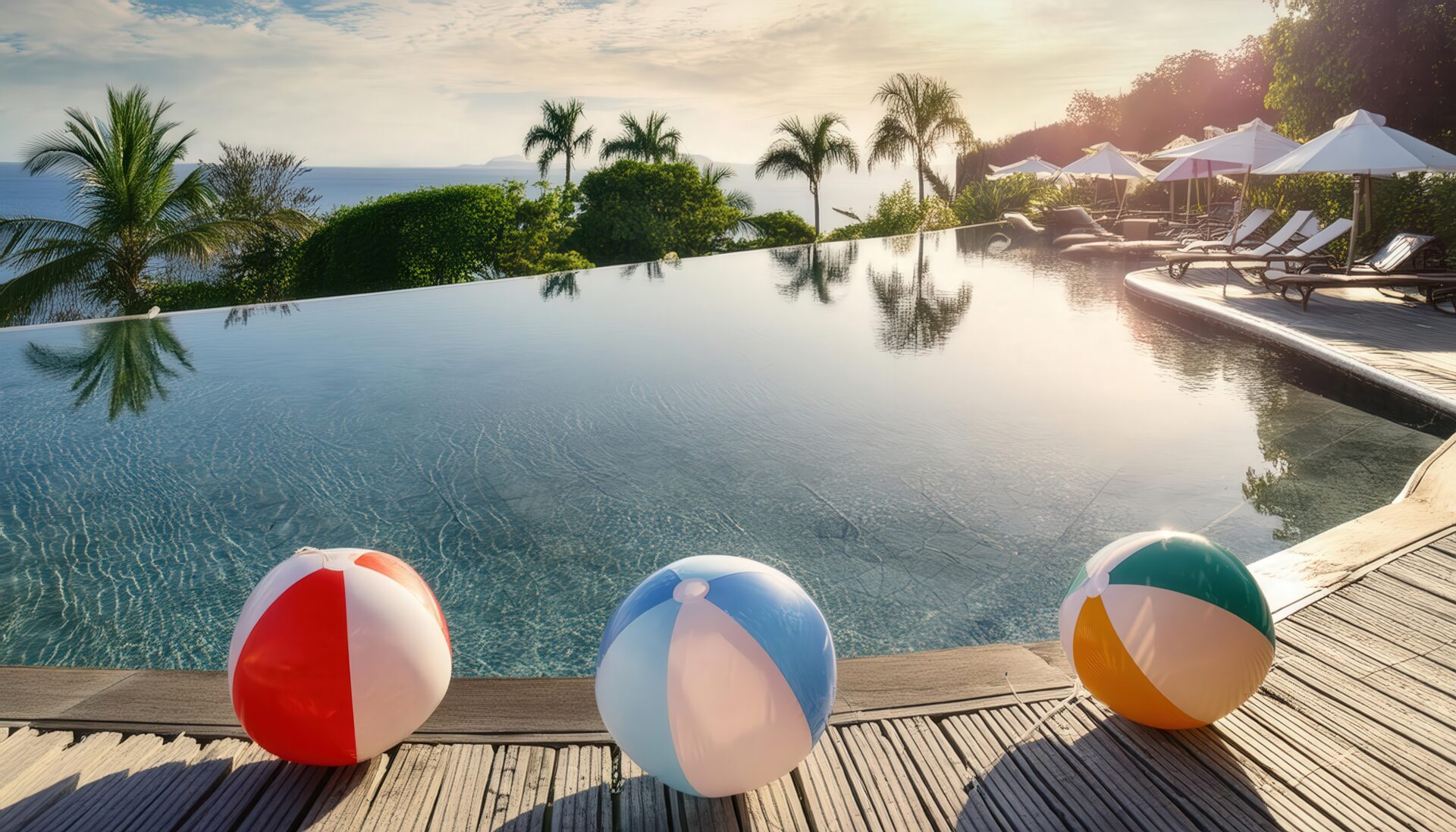 山と湖を望むカーブした曲線のプール