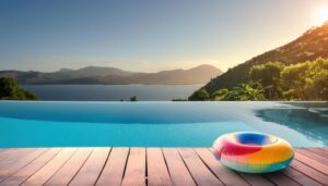 夕日と山を背景にしたプールサイド