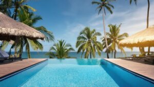 湖と山を望む青いインフィニティプール