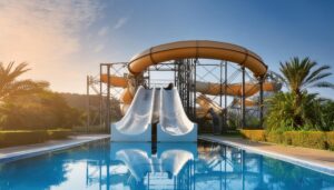 ヤシの木と海を望むトロピカルなプール