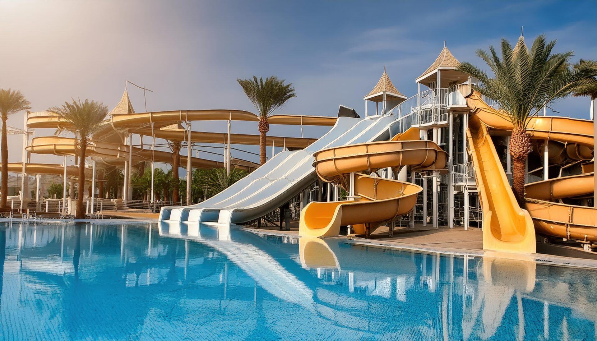 ウォータースライダーとプール施設（全景）