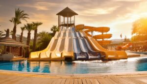 夕暮れのウォータースライダーとプール