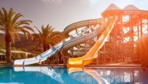 カーブの多いウォータースライダーとプール