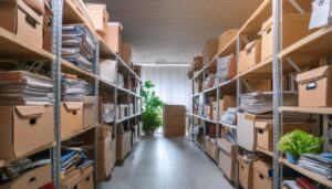 書類と段ボールが並ぶ倉庫通路