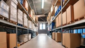 梱包材と在庫が積まれた倉庫