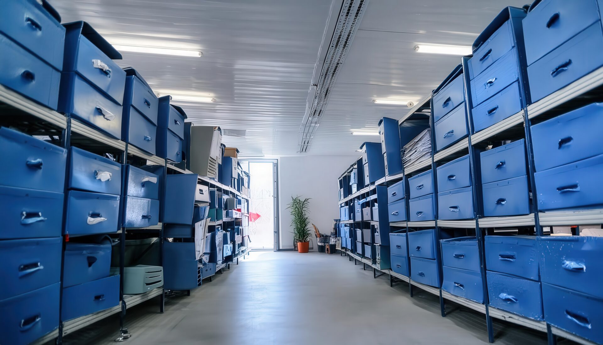 青いボックスで統一された倉庫