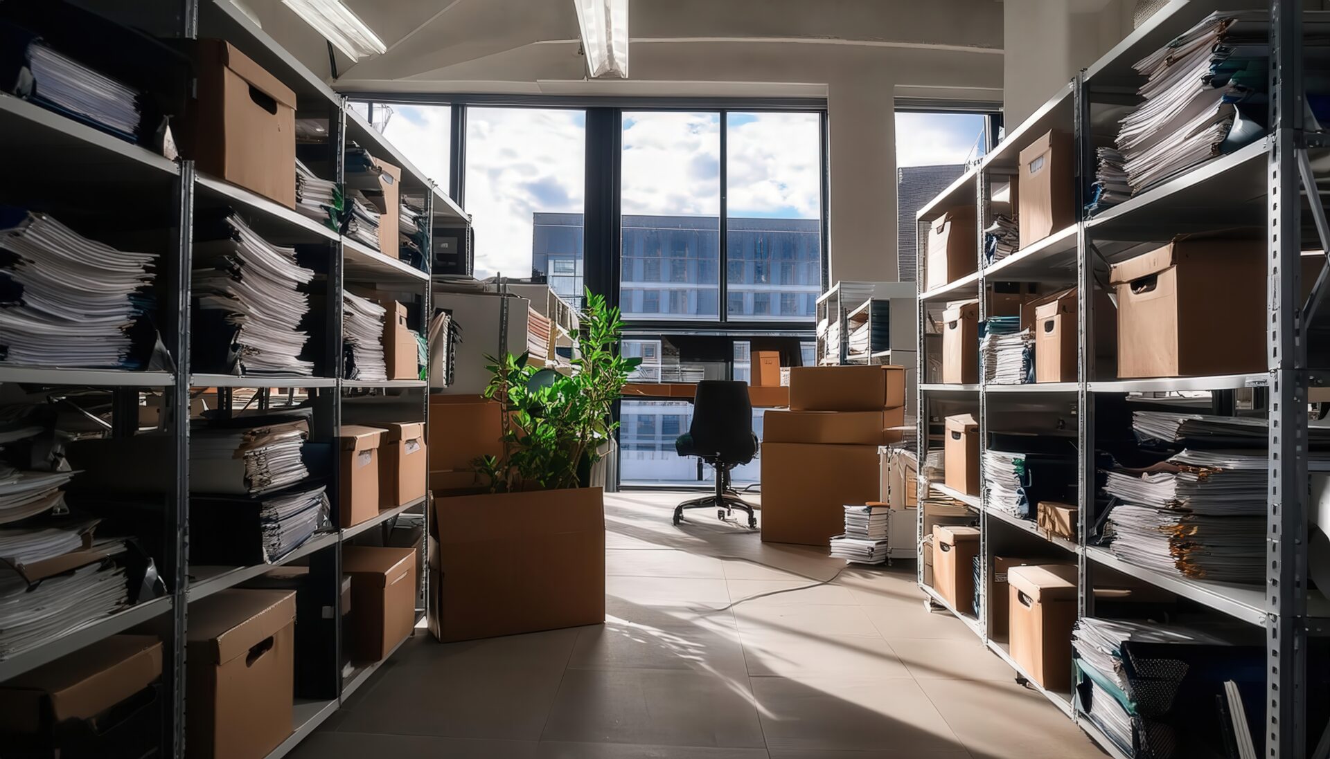 日差しが差し込む書類保管室