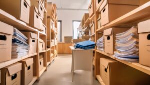 書類と段ボールが並ぶ木製棚の保管室