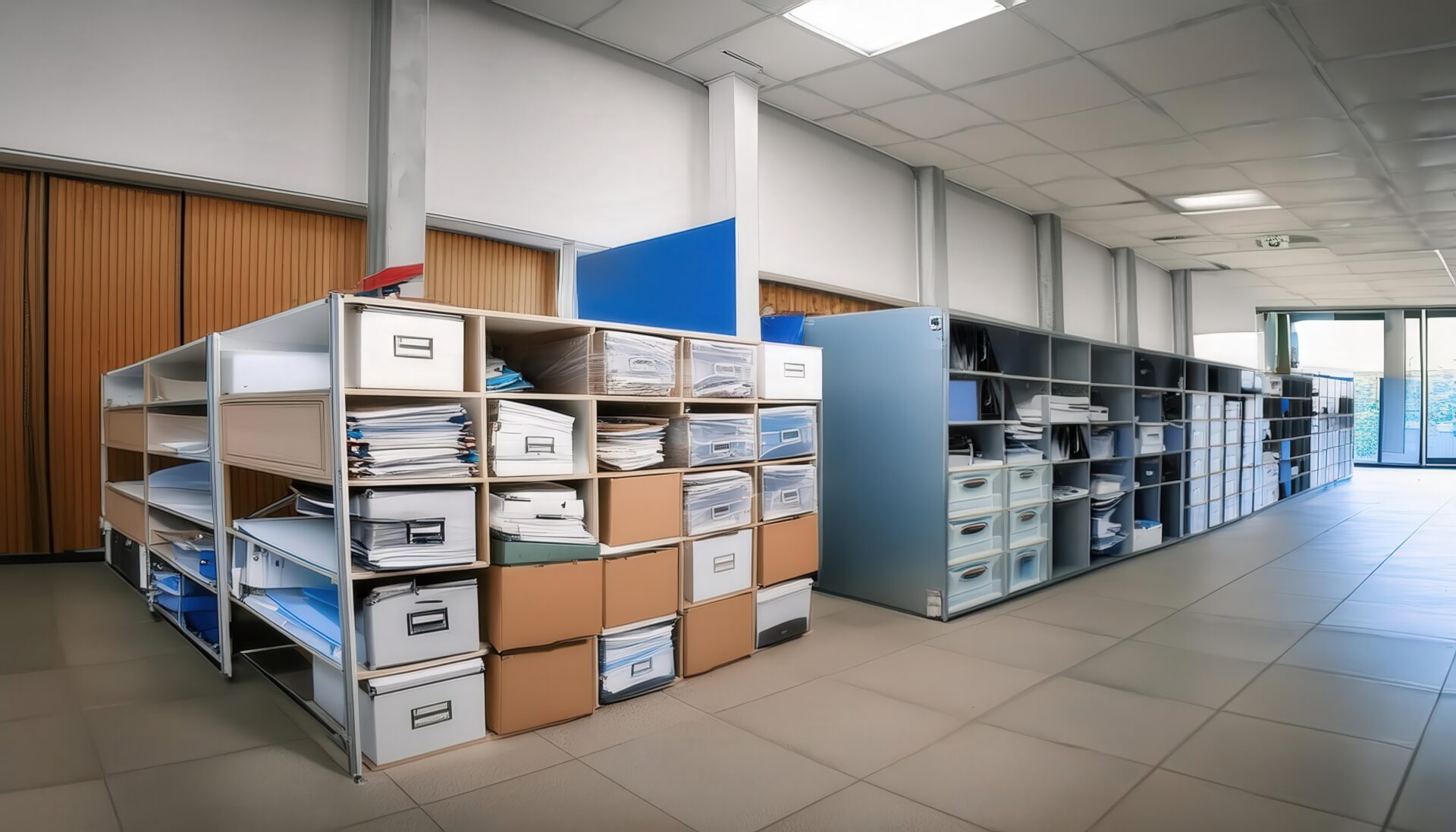 多種類の書類と収納ケースが並ぶ資料棚