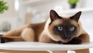 テーブルの上でくつろぐシャム猫