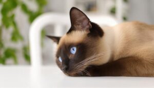 横になって遠くを見るシャム猫