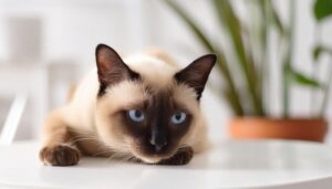 観葉植物の近くでリラックスするシャム猫