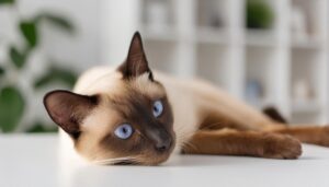 白いテーブルに横たわるシャム猫