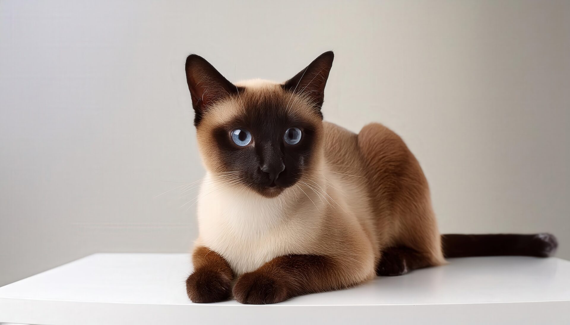 白背景でポーズをとるシャム猫