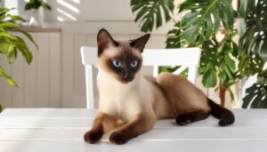 観葉植物に囲まれた椅子の上のシャム猫