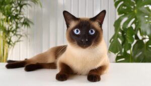 白い室内でくつろぐシャム猫