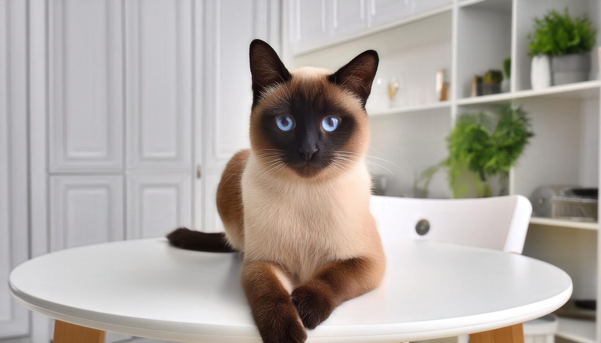 おしゃれな部屋のテーブル上のシャム猫