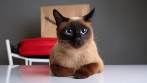 赤いキャリーの前に座るシャム猫