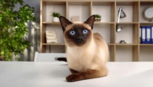 書棚のある部屋でこちらを見るシャム猫