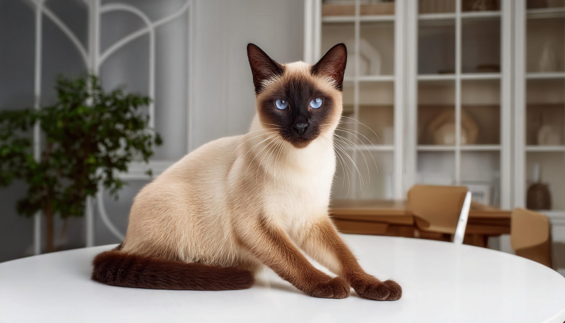 白いテーブルに座るシャム猫