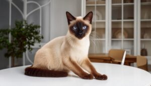 白いテーブルに座るシャム猫