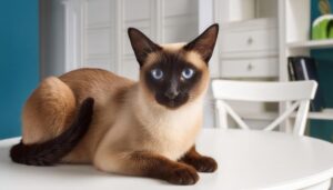 白とブルーの室内でポーズをとるシャム猫