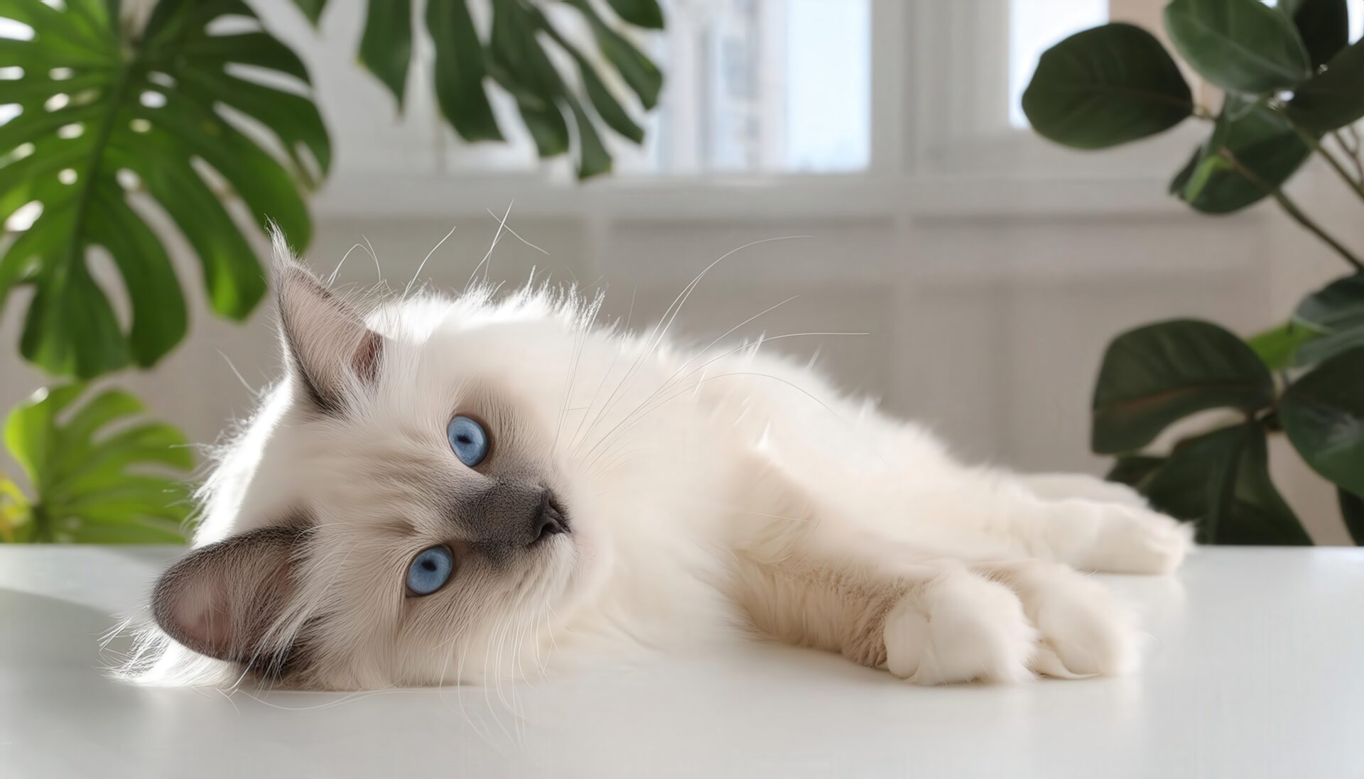 室内でくつろぐ白い猫