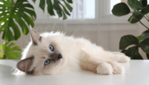 室内でくつろぐ白い猫