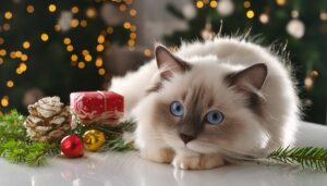 クリスマスの飾りと白猫