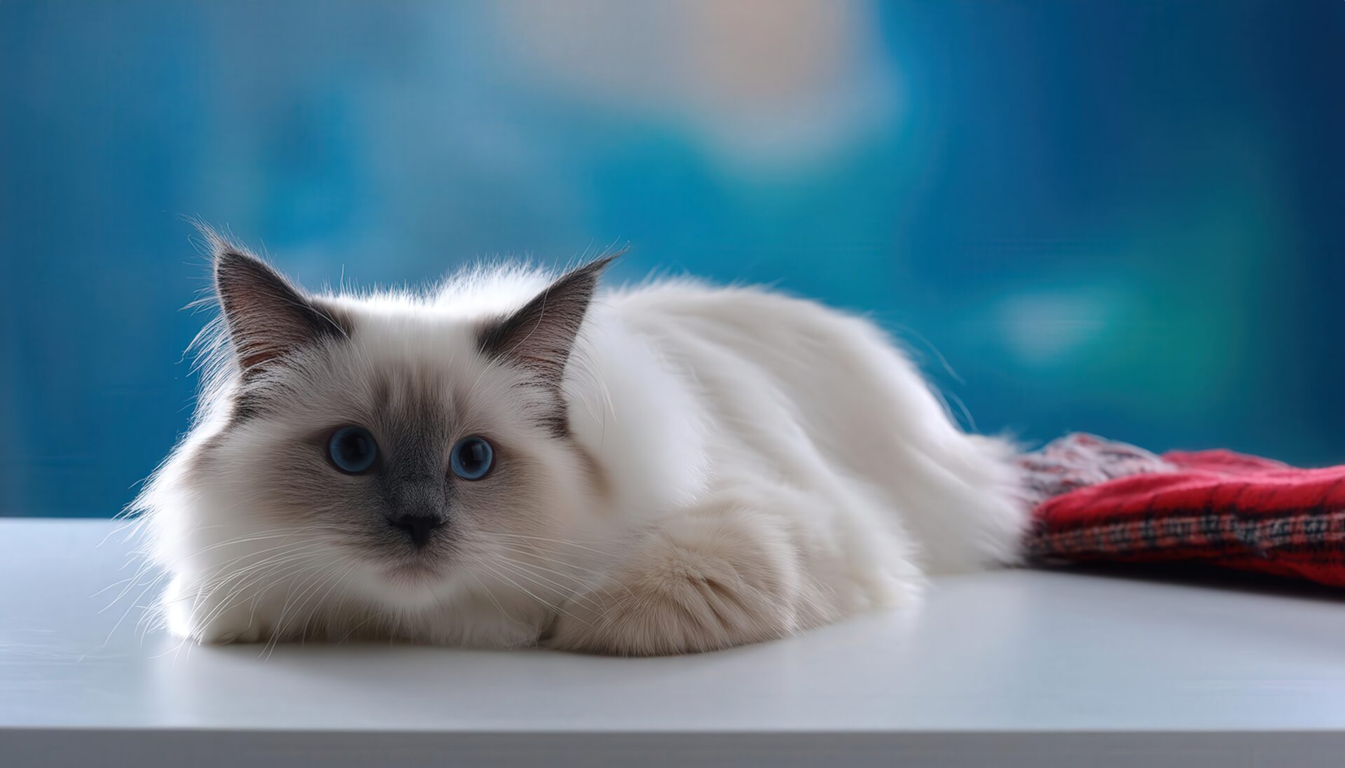 青背景と赤い布の上にいる白猫