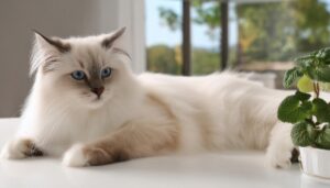 窓辺とグリーンのそばでくつろぐ白猫