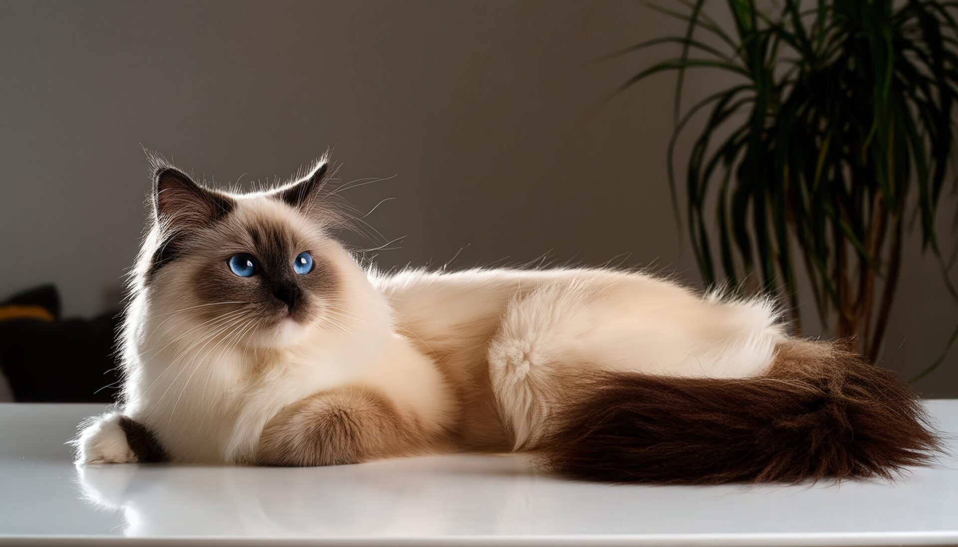 茶色い尻尾の白猫がくつろぐ様子